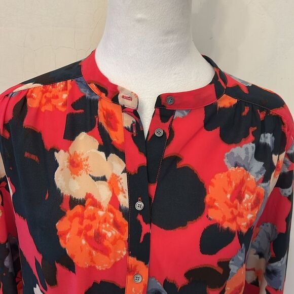 J Crew black red floral sheer long sleeve blouse Size S EUC - Picture 3 of 10